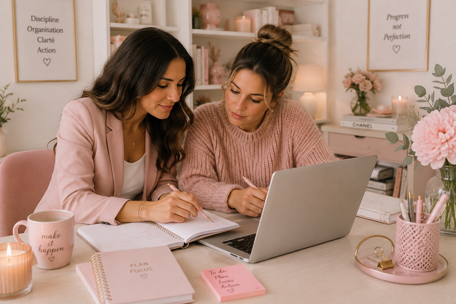 Deux femmes organisent leur quotidien dans un bureau rose poudré
